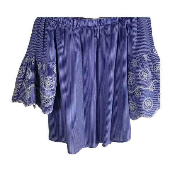 Rebellion Blue Striped Peasant Blouse Women’s Large Off Shoulder Bell Sleeve - Picture 3 of 9